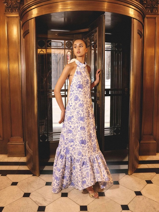 elliatt elin blue & white floral halter neck open back maxi gown dress large NEW - Picture 10 of 12